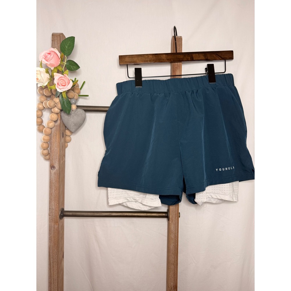 YoungLA 144 Womens 2-in-1 Training Shorts Teal White Mesh Liner Large